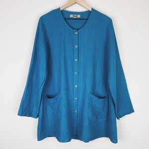 Flax 100% Linen Teal Button Front Tunic Top